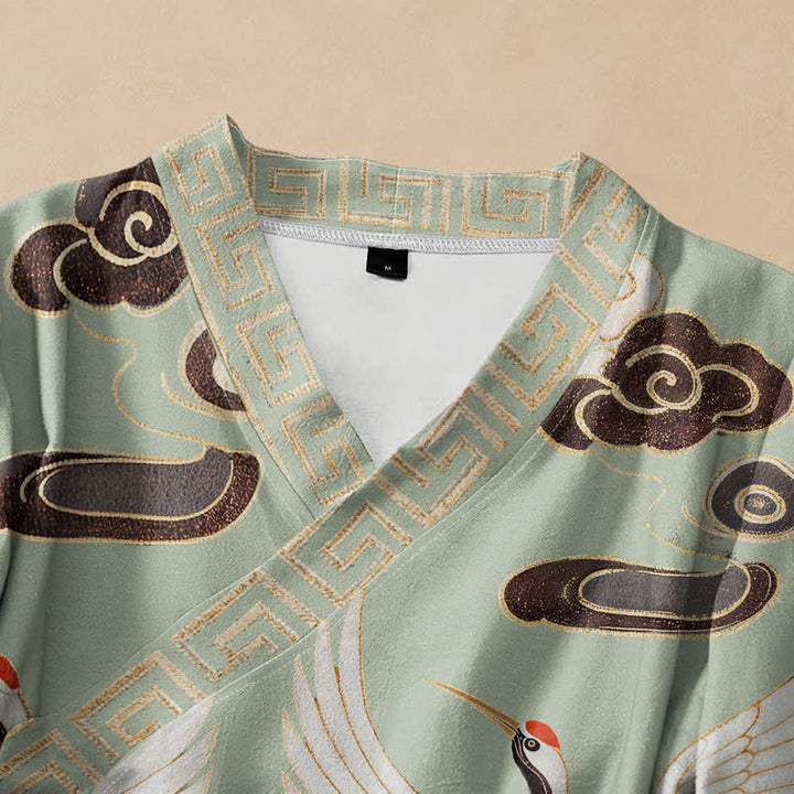 Buddha Stones Camisa de manga larga estilo Hanfu con cuello en V y cordones, de algodón, con estampado de grullas, nubes y olas. - image 2
