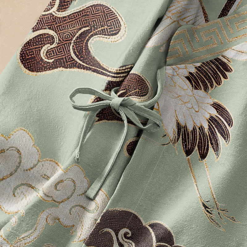 Buddha Stones Camisa de manga larga estilo Hanfu con cuello en V y cordones, de algodón, con estampado de grullas, nubes y olas. - image 3