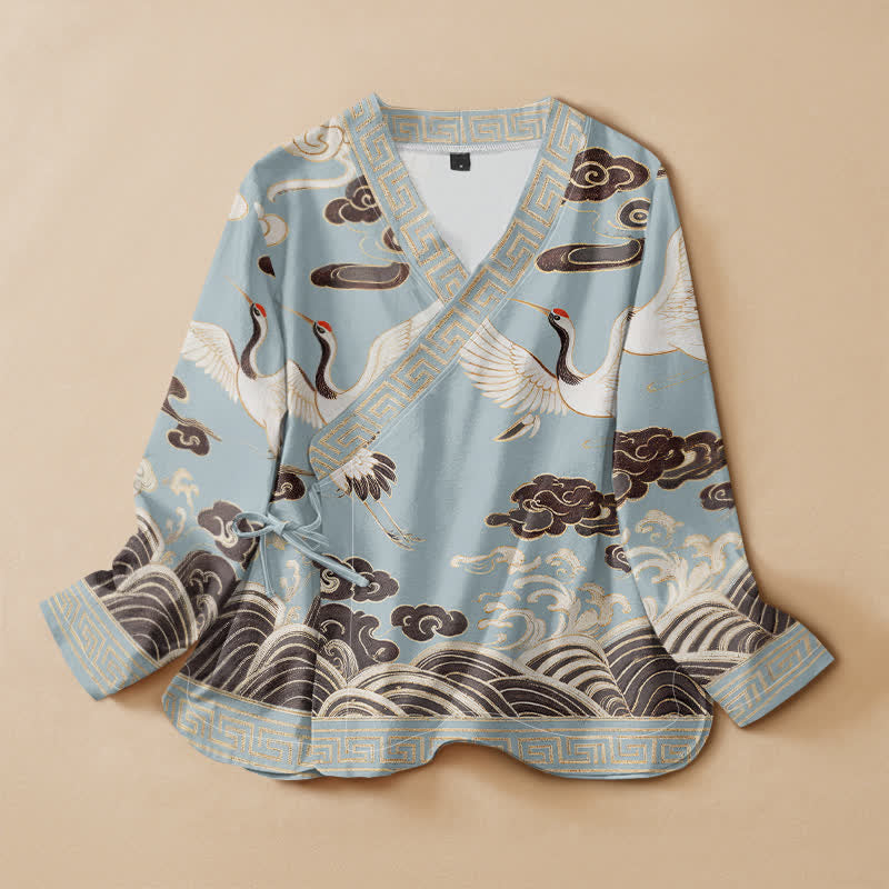 Buddha Stones Camisa de manga larga estilo Hanfu con cuello en V y cordones, de algodón, con estampado de grullas, nubes y olas. - Celeste - US16，UK/AU20，EU48 (3XL) - image 5