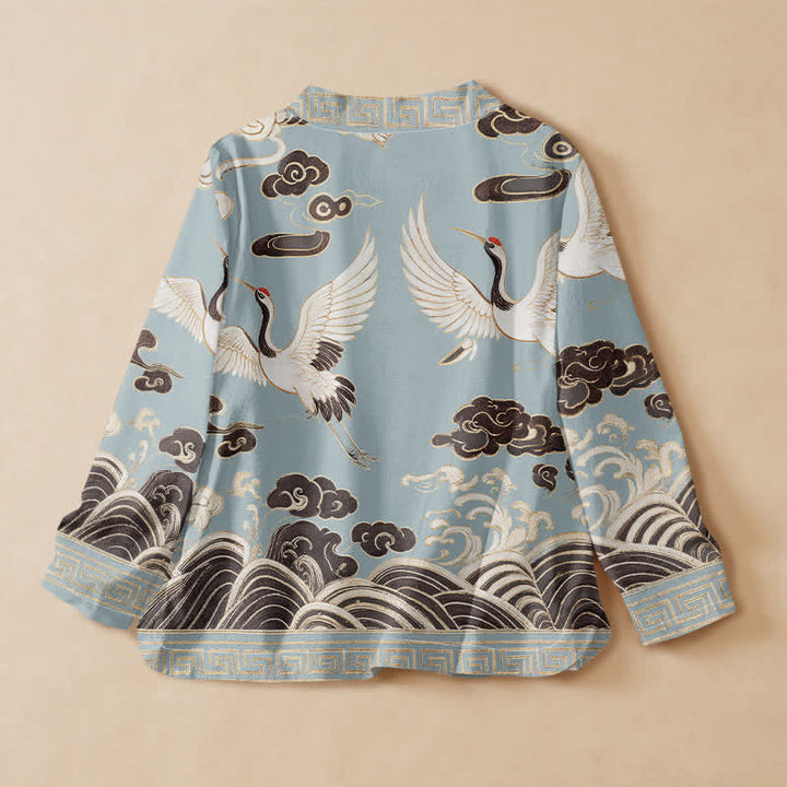 Buddha Stones Camisa de manga larga estilo Hanfu con cuello en V y cordones, de algodón, con estampado de grullas, nubes y olas. - image 6