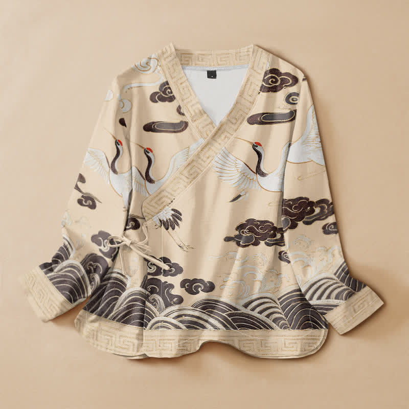 Buddha Stones Camisa de manga larga estilo Hanfu con cuello en V y cordones, de algodón, con estampado de grullas, nubes y olas. - Amarillo dorado claro - US16，UK/AU20，EU48 (3XL) - image 7