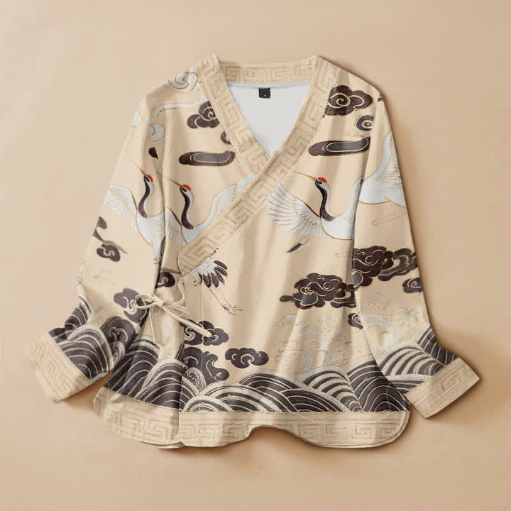 Buddha Stones Camisa de manga larga estilo Hanfu con cuello en V y cordones, de algodón, con estampado de grullas, nubes y olas. - Amarillo dorado claro - US16，UK/AU20，EU48 (3XL) - image 7