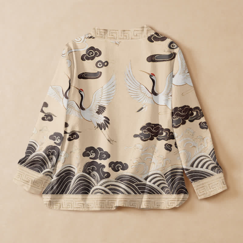 Buddha Stones Camisa de manga larga estilo Hanfu con cuello en V y cordones, de algodón, con estampado de grullas, nubes y olas. - image 8