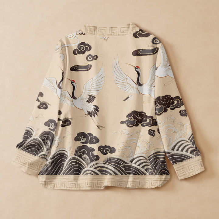 Buddha Stones Camisa de manga larga estilo Hanfu con cuello en V y cordones, de algodón, con estampado de grullas, nubes y olas. - image 8
