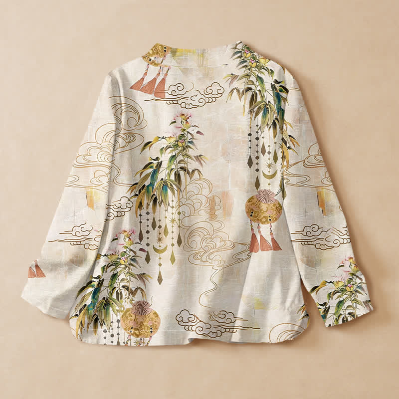 Kimono de manga larga para mujer con estampado de hojas de nube de algodón y Buddha Stones, estilo Hanfu, cuello en V y cordones. - image 1