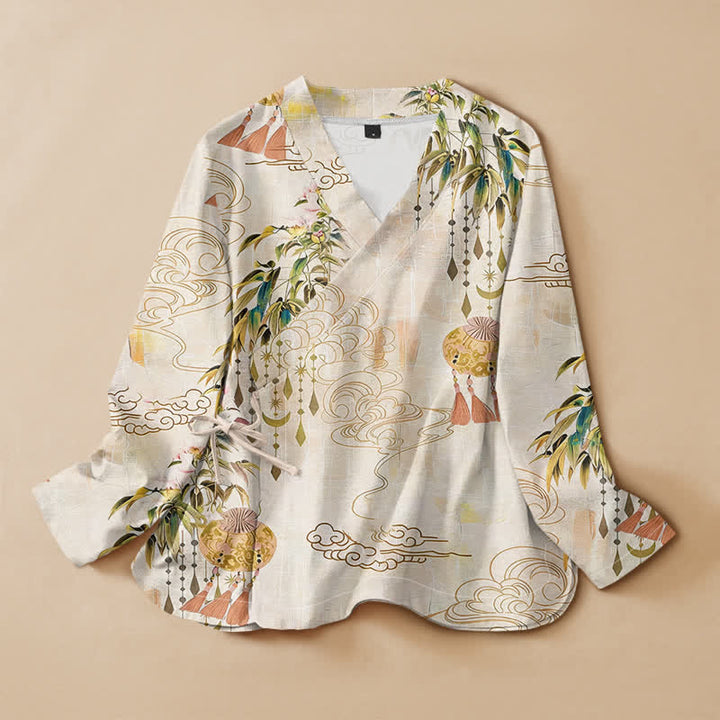Kimono de manga larga para mujer con estampado de hojas de nube de algodón y Buddha Stones, estilo Hanfu, cuello en V y cordones. - Lino - US16，UK/AU20，EU48 (3XL) - image 0
