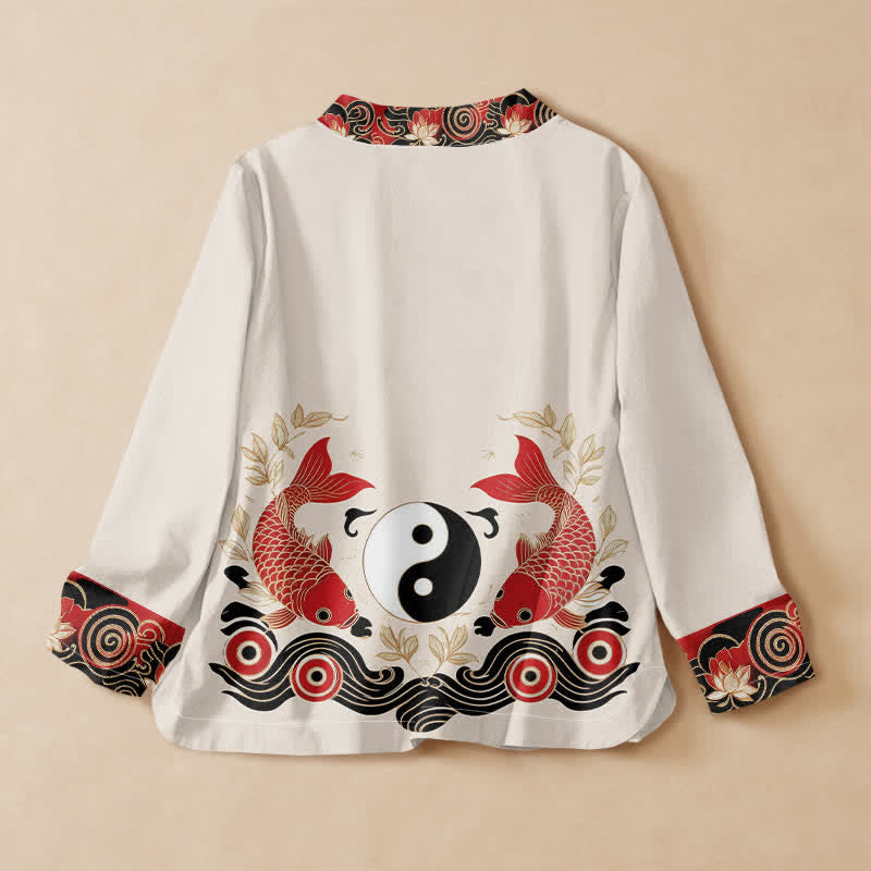 Camisa kimono de manga larga para mujer con estampado de Buddha Stones, peces koi, yin y yang, estilo hanfu, cuello en V y cordones. - image 1
