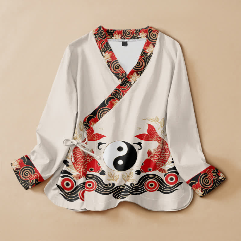 Camisa kimono de manga larga para mujer con estampado de Buddha Stones, peces koi, yin y yang, estilo hanfu, cuello en V y cordones. - Marfil - US16，UK/AU20，EU48 (3XL) - image 0