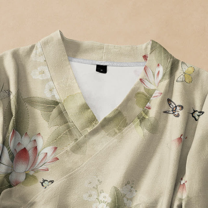 Kimono de manga larga para mujer con estampado de mariposas y hojas de loto de Buddha Stones estilo Hanfu, cuello en V y cordones, estilo kimono. - image 2