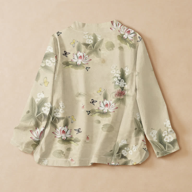 Kimono de manga larga para mujer con estampado de mariposas y hojas de loto de Buddha Stones estilo Hanfu, cuello en V y cordones, estilo kimono. - image 1