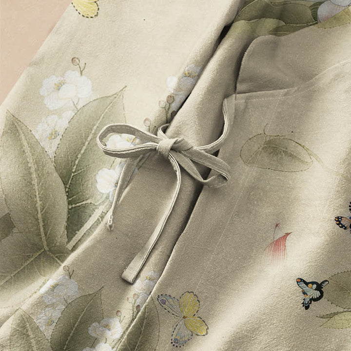 Kimono de manga larga para mujer con estampado de mariposas y hojas de loto de Buddha Stones estilo Hanfu, cuello en V y cordones, estilo kimono. - image 3