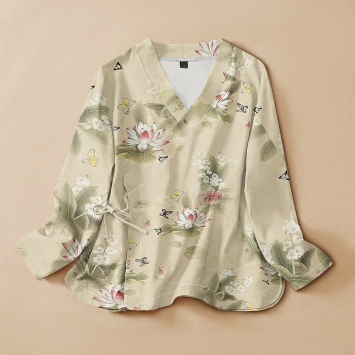 Kimono de manga larga para mujer con estampado de mariposas y hojas de loto de Buddha Stones estilo Hanfu, cuello en V y cordones, estilo kimono. - Amarillo dorado claro - US16，UK/AU20，EU48 (3XL) - image 0