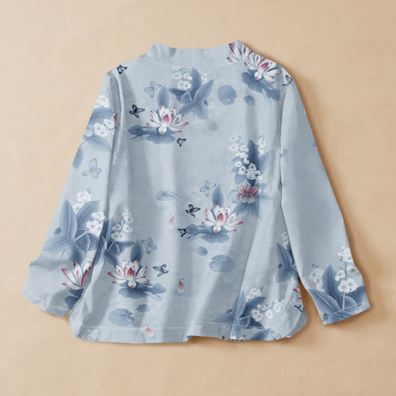 Kimono de manga larga para mujer con estampado de mariposas y hojas de loto de Buddha Stones estilo Hanfu, cuello en V y cordones, estilo kimono. - image 6