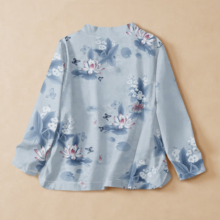 Kimono de manga larga para mujer con estampado de mariposas y hojas de loto de Buddha Stones estilo Hanfu, cuello en V y cordones, estilo kimono. - image 6