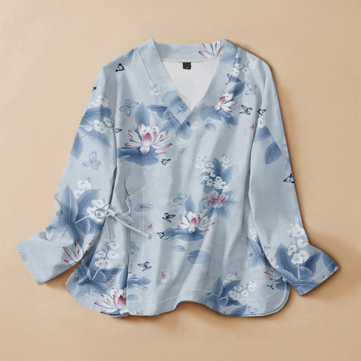 Kimono de manga larga para mujer con estampado de mariposas y hojas de loto de Buddha Stones estilo Hanfu, cuello en V y cordones, estilo kimono. - Azul cielo claro - US16，UK/AU20，EU48 (3XL) - image 5
