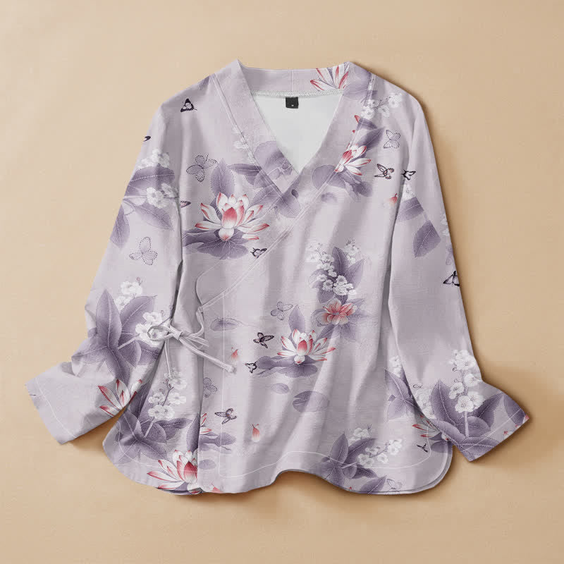 Kimono de manga larga para mujer con estampado de mariposas y hojas de loto de Buddha Stones estilo Hanfu, cuello en V y cordones, estilo kimono. - Lavanda - US16，UK/AU20，EU48 (3XL) - image 7