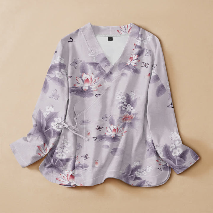 Kimono de manga larga para mujer con estampado de mariposas y hojas de loto de Buddha Stones estilo Hanfu, cuello en V y cordones, estilo kimono. - Lavanda - US16，UK/AU20，EU48 (3XL) - image 7