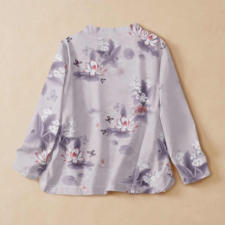Kimono de manga larga para mujer con estampado de mariposas y hojas de loto de Buddha Stones estilo Hanfu, cuello en V y cordones, estilo kimono. - image 8