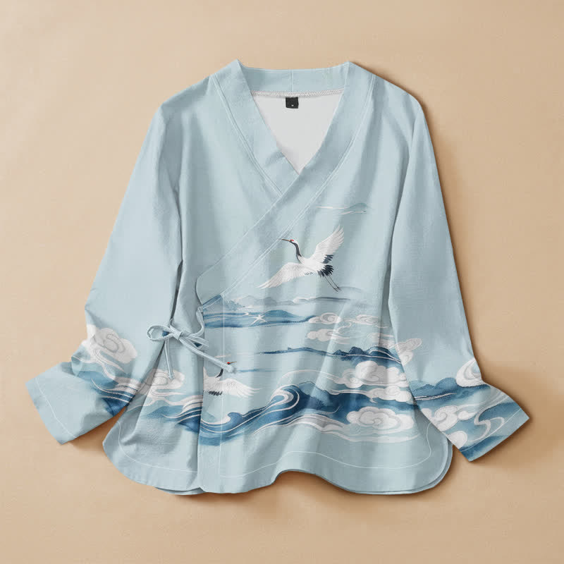 Kimono de manga larga para mujer con cuello en V y cordones, estampado de grullas voladoras y Buddha Stones, algodón. - Azul claro - US16，UK/AU20，EU48 (3XL) - image 0
