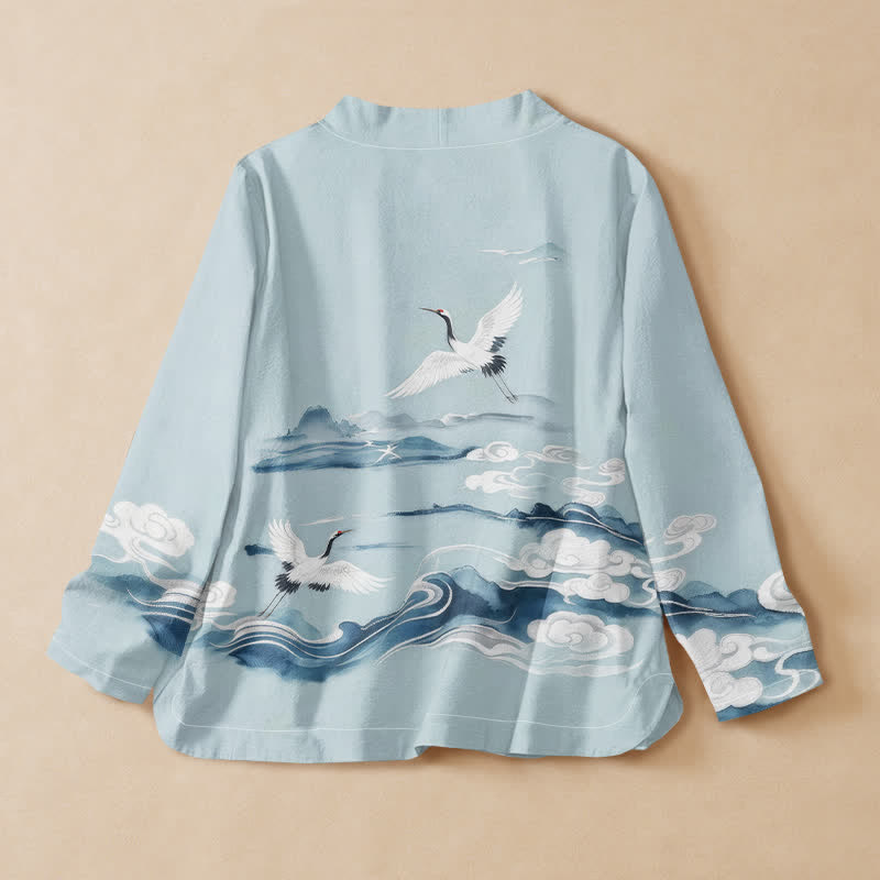 Kimono de manga larga para mujer con cuello en V y cordones, estampado de grullas voladoras y Buddha Stones, algodón. - image 1