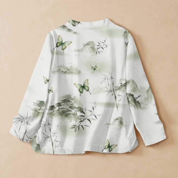 Buddha Stones Camisas de manga larga para mujer estilo Hanfu con cuello en V y cordones, de algodón y bambú, con estampado de mariposas. - image 1