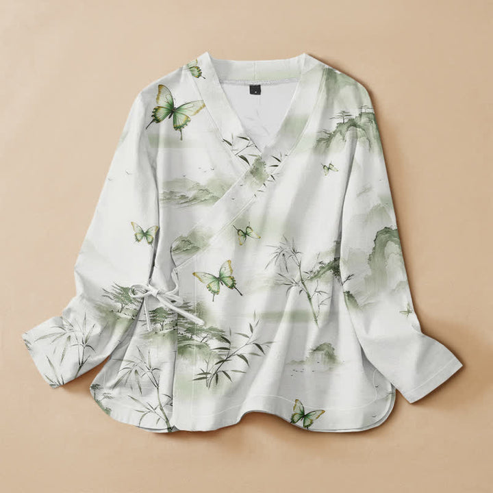 Buddha Stones Camisas de manga larga para mujer estilo Hanfu con cuello en V y cordones, de algodón y bambú, con estampado de mariposas. - Verde mar oscuro - US16，UK/AU20，EU48 (3XL) - image 0