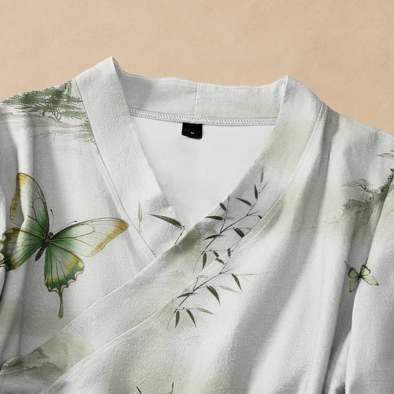 Buddha Stones Camisas de manga larga para mujer estilo Hanfu con cuello en V y cordones, de algodón y bambú, con estampado de mariposas. - image 2