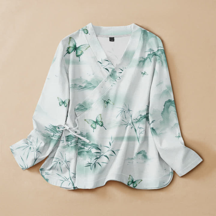 Buddha Stones Camisas de manga larga para mujer estilo Hanfu con cuello en V y cordones, de algodón y bambú, con estampado de mariposas. - Aguamarina medio - US16，UK/AU20，EU48 (3XL) - image 5