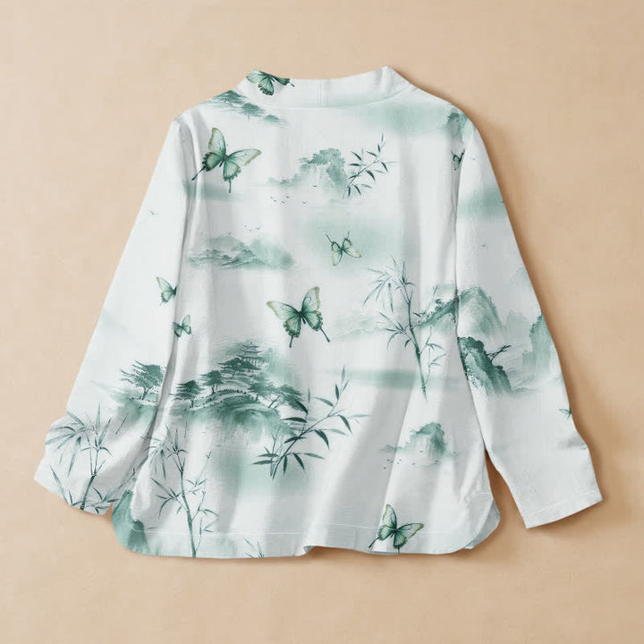 Buddha Stones Camisas de manga larga para mujer estilo Hanfu con cuello en V y cordones, de algodón y bambú, con estampado de mariposas. - image 6