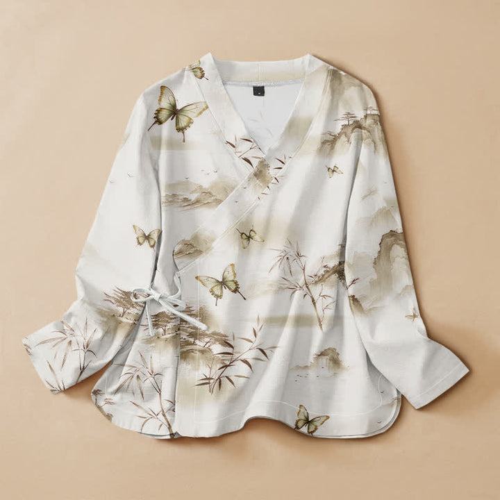 Buddha Stones Camisas de manga larga para mujer estilo Hanfu con cuello en V y cordones, de algodón y bambú, con estampado de mariposas. - Aceituna - US16，UK/AU20，EU48 (3XL) - image 7