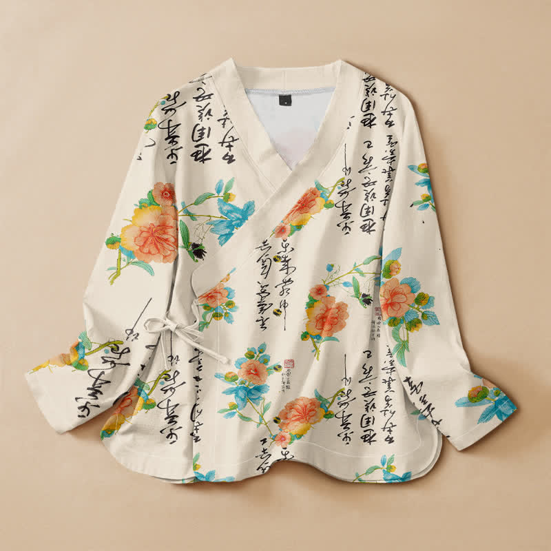 Buddha Stones Camisas de manga larga para mujer estilo Hanfu con cuello en V y cordones, de algodón con estampado floral y caligrafía. - Marfil - US16，UK/AU20，EU48 (3XL) - image 0