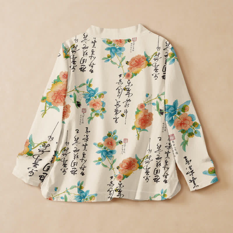 Buddha Stones Camisas de manga larga para mujer estilo Hanfu con cuello en V y cordones, de algodón con estampado floral y caligrafía. - image 1