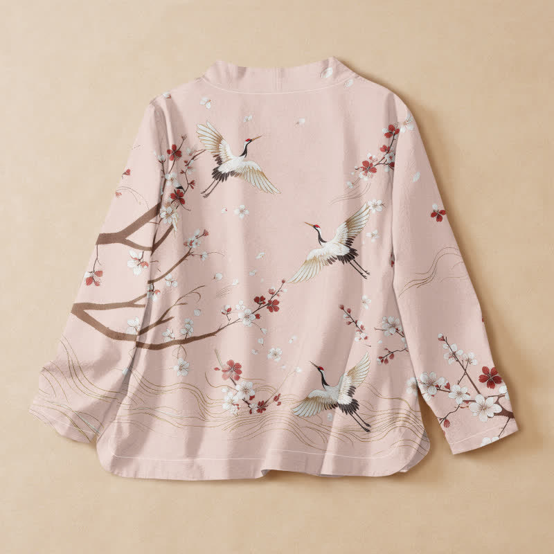 Buddha Stones Camisa de manga larga estilo Hanfu con cuello en V y cordones, de algodón y estampado de grullas y flores de ciruelo. - image 1