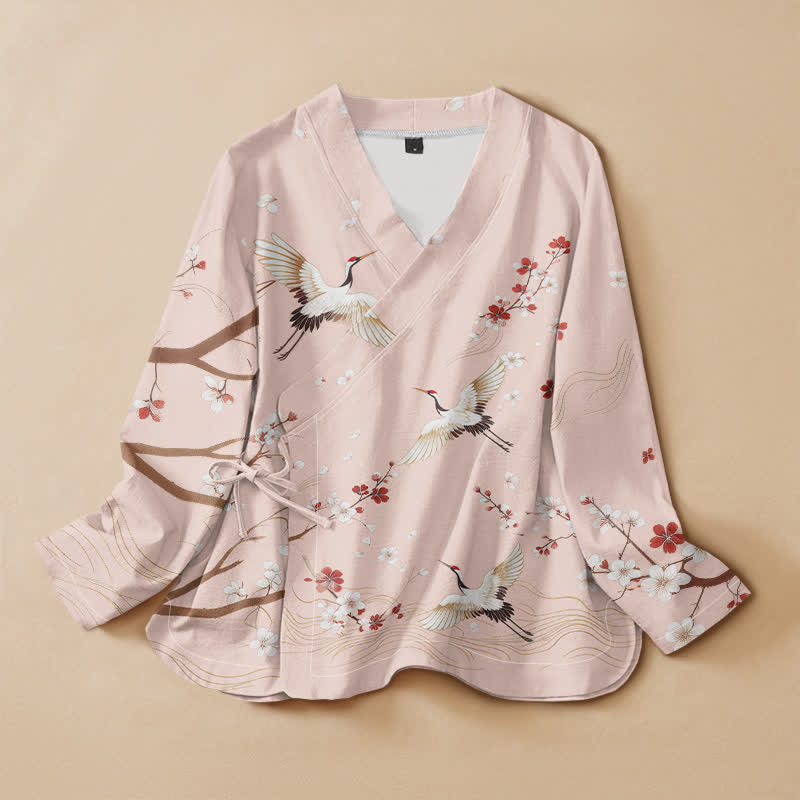 Buddha Stones Camisa de manga larga estilo Hanfu con cuello en V y cordones, de algodón y estampado de grullas y flores de ciruelo. - Rubor lavanda - US16，UK/AU20，EU48 (3XL) - image 0