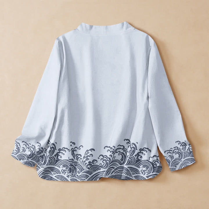 Kimono de manga larga para mujer con estampado de olas oceánicas de algodón y Buddha Stones, estilo Hanfu, cuello en V y cordones. - image 1