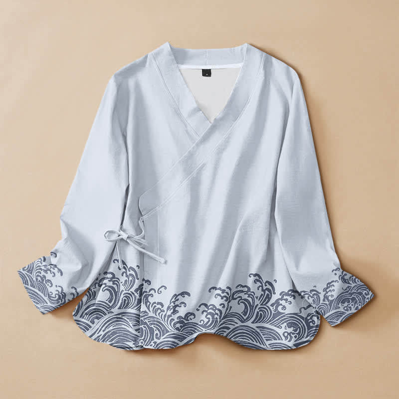 Kimono de manga larga para mujer con estampado de olas oceánicas de algodón y Buddha Stones, estilo Hanfu, cuello en V y cordones. - Azul claro - US16，UK/AU20，EU48 (3XL) - image 0