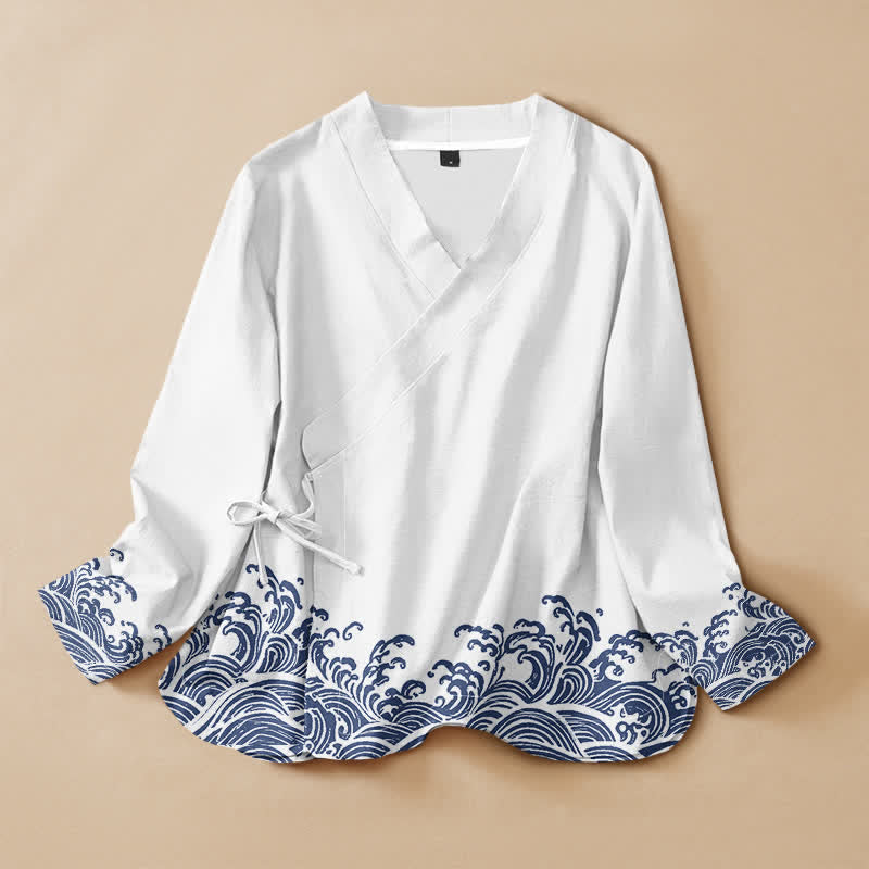 Kimono de manga larga para mujer con estampado de olas oceánicas de algodón y Buddha Stones, estilo Hanfu, cuello en V y cordones. - Blanco floral - US16，UK/AU20，EU48 (3XL) - image 5