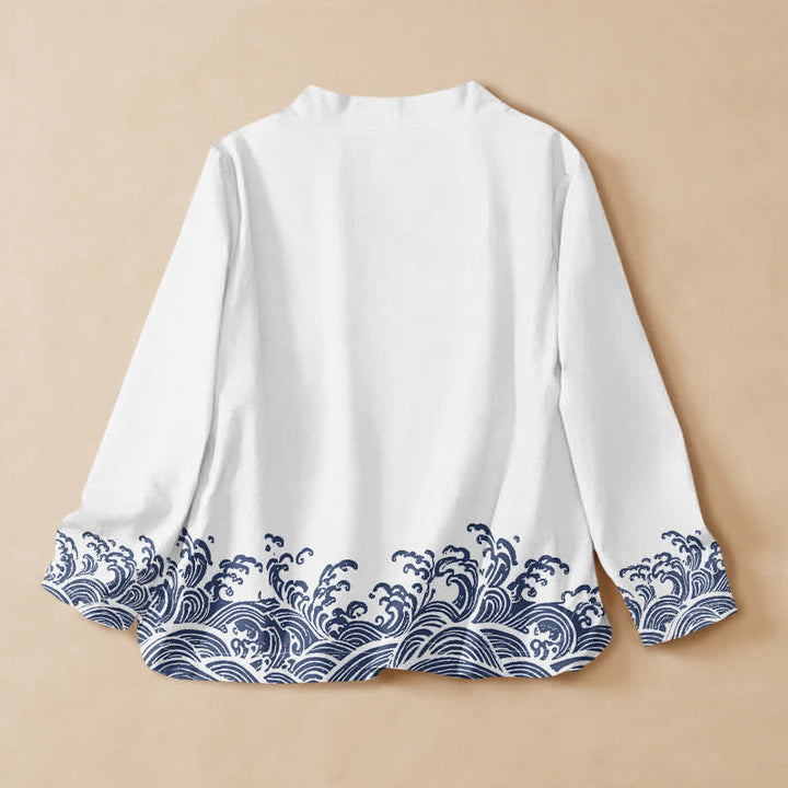 Kimono de manga larga para mujer con estampado de olas oceánicas de algodón y Buddha Stones, estilo Hanfu, cuello en V y cordones. - image 6