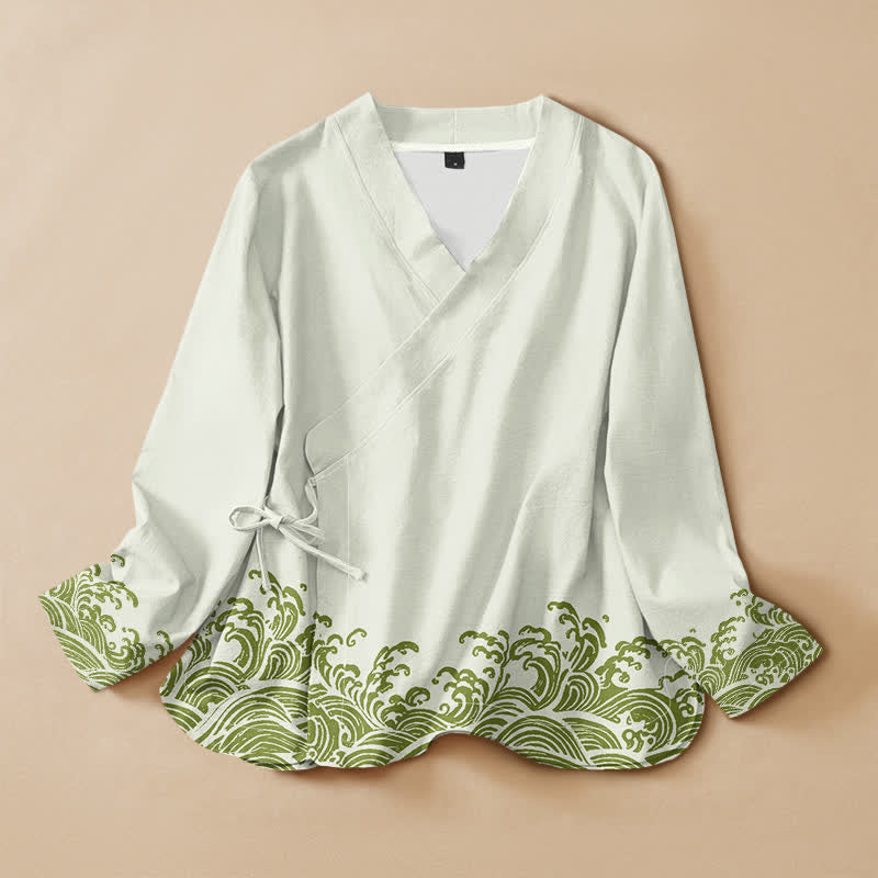 Kimono de manga larga para mujer con estampado de olas oceánicas de algodón y Buddha Stones, estilo Hanfu, cuello en V y cordones. - Crema de menta - US16，UK/AU20，EU48 (3XL) - image 7