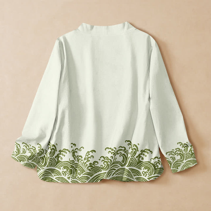 Kimono de manga larga para mujer con estampado de olas oceánicas de algodón y Buddha Stones, estilo Hanfu, cuello en V y cordones. - image 8