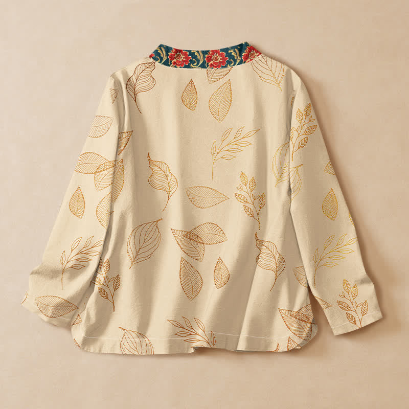 Kimono de manga larga para mujer con estampado de flores rojas y hojas doradas de algodón con Buddha Stones, estilo Hanfu, cuello en V y cordones. - image 1