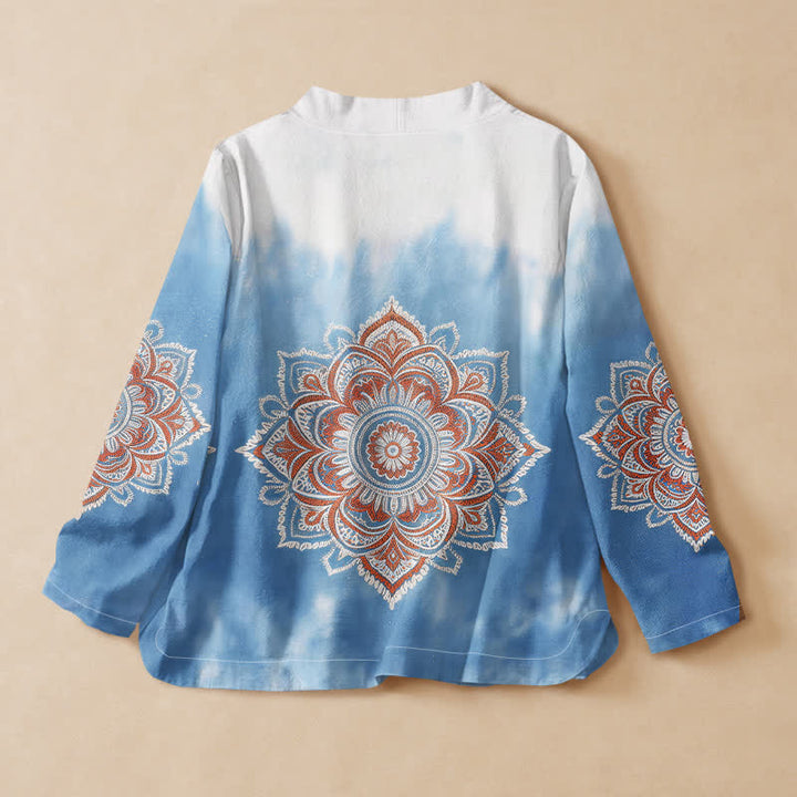 Kimono de manga larga para mujer con estampado de mandala estilo Hanfu, cuello en V y cordones, de algodón y estilo boho con Buddha Stones. - image 1