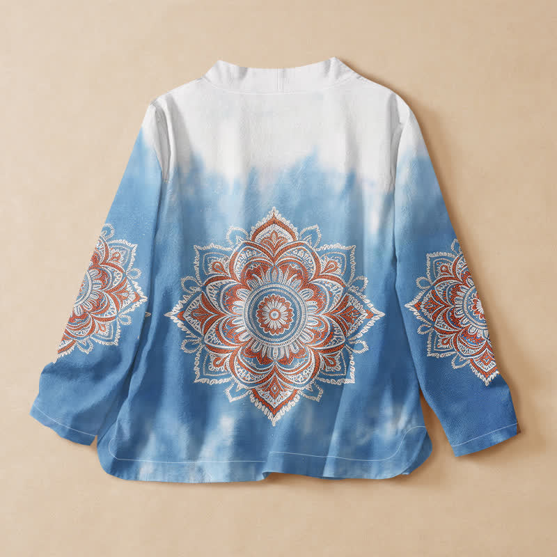Buddha Stones Camisas de manga larga para mujer estilo Hanfu con cuello en V y cordones, de algodón y estampado de mandala estilo boho. - image 1