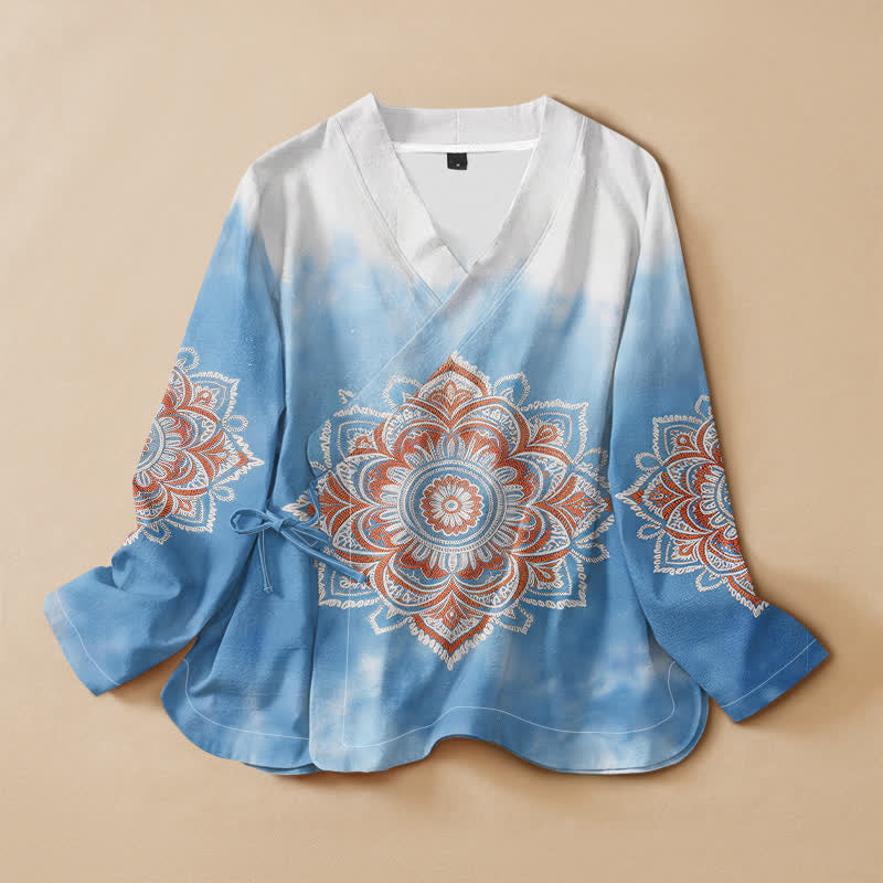 Buddha Stones Camisas de manga larga para mujer estilo Hanfu con cuello en V y cordones, de algodón y estampado de mandala estilo boho. - Celeste - US16，UK/AU20，EU48 (3XL) - image 0