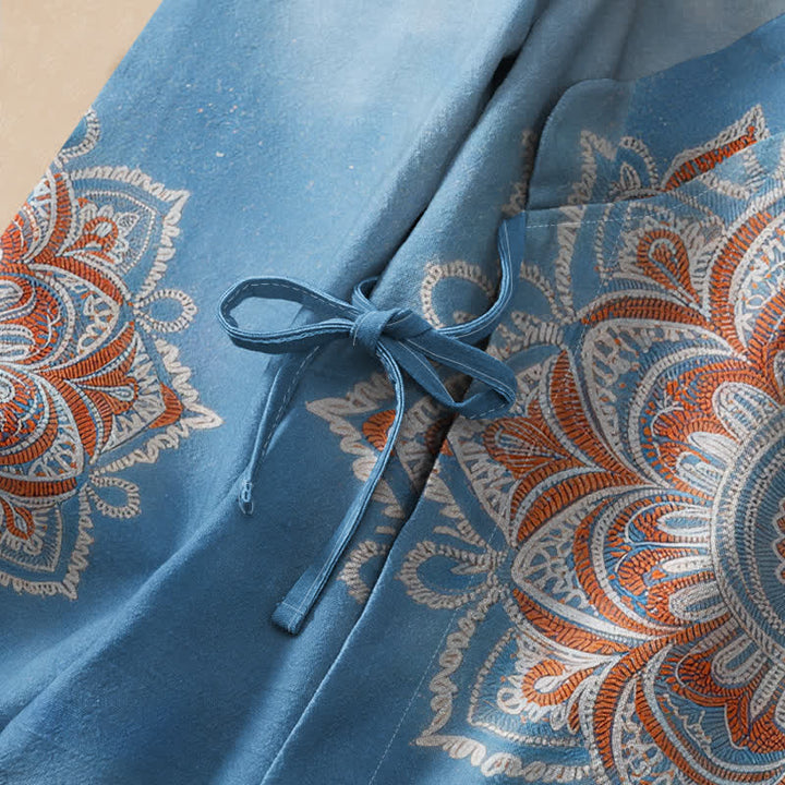 Kimono de manga larga para mujer con estampado de mandala estilo Hanfu, cuello en V y cordones, de algodón y estilo boho con Buddha Stones. - image 3