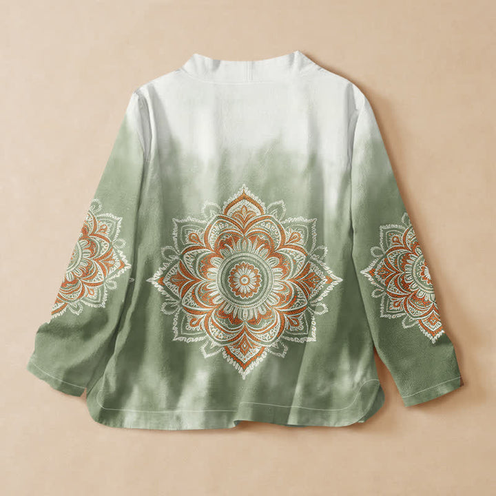 Kimono de manga larga para mujer con estampado de mandala estilo Hanfu, cuello en V y cordones, de algodón y estilo boho con Buddha Stones. - image 6