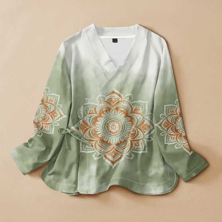 Buddha Stones Camisas de manga larga para mujer estilo Hanfu con cuello en V y cordones, de algodón y estampado de mandala estilo boho. - Verde mar oscuro - US16，UK/AU20，EU48 (3XL) - image 5