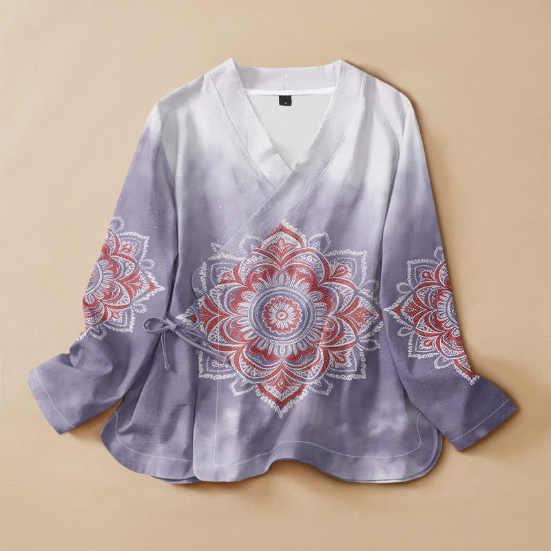 Kimono de manga larga para mujer con estampado de mandala estilo Hanfu, cuello en V y cordones, de algodón y estilo boho con Buddha Stones. - Cardo - US16，UK/AU20，EU48 (3XL) - image 7