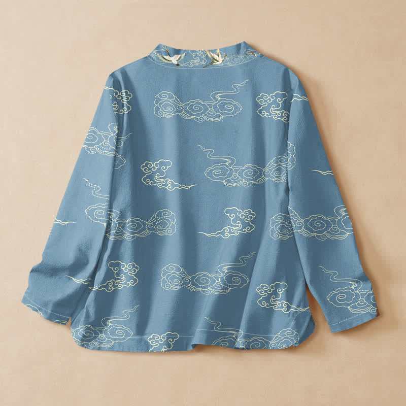 Kimono de manga larga para mujer con estampado de Buddha Stones de algodón y nubes auspiciosas, cuello en V y cordones. - image 1