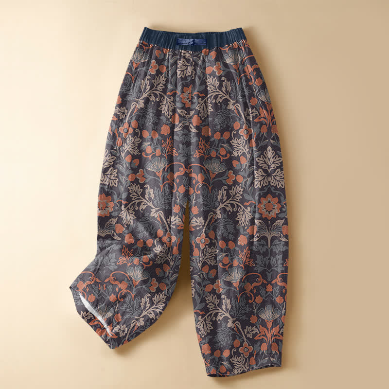 Buddha Stones Pantalones harem de algodón puro con estampado floral bohemio, botones de rana, cintura elástica y bolsillos para mujer. - Marrón silla de montar - US16，UK/AU20，EU48 (3XL) - image 0